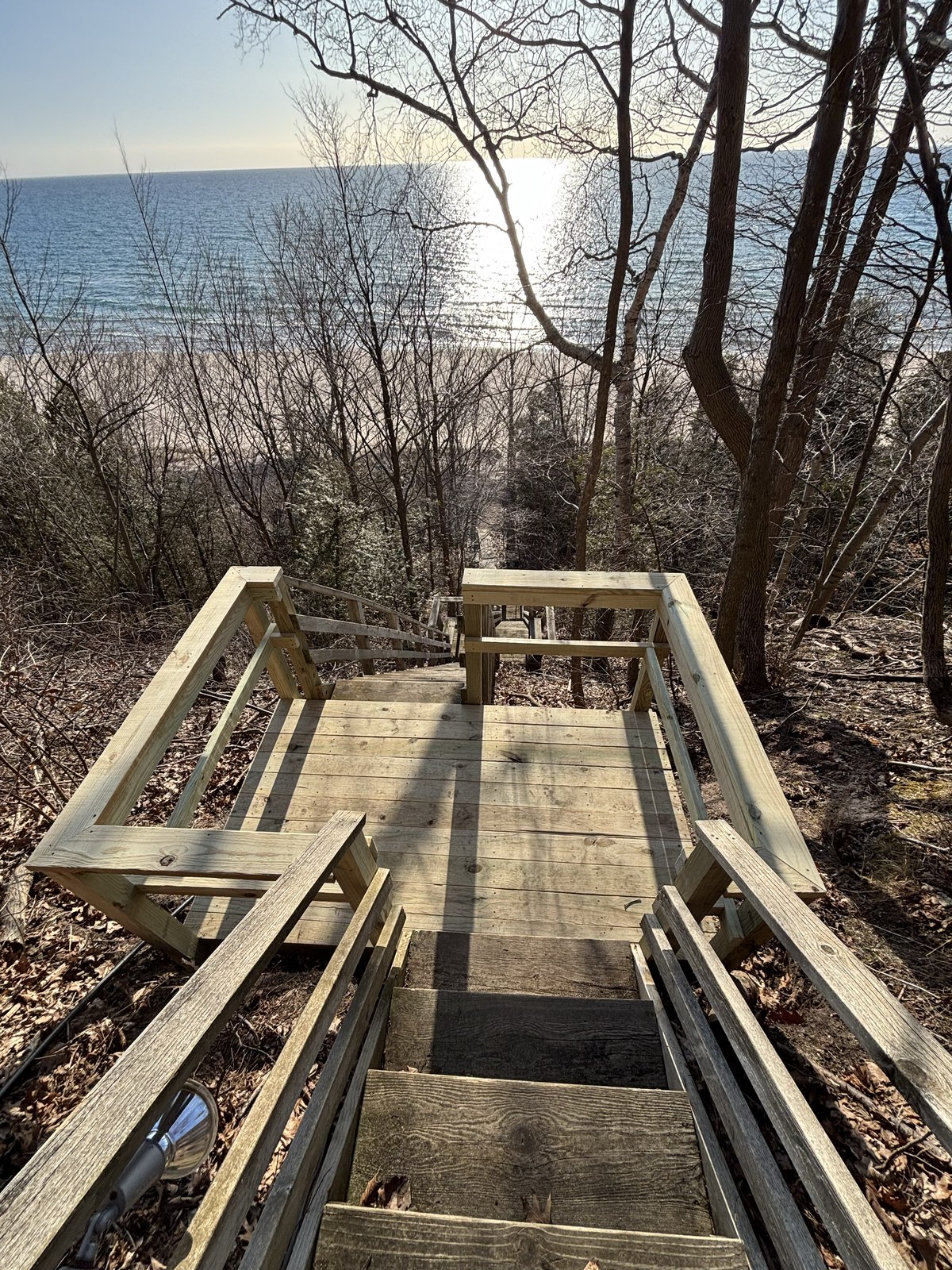 Custom wood staircase and deck landing leading down to the Lake Michigan shoreline, built by Grandson's Construction
