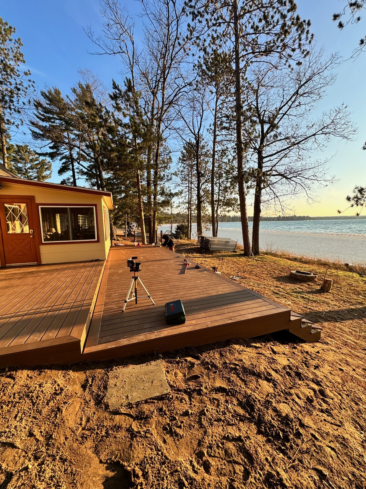 Multi-level lakeside deck built by Grandson's Construction in West Michigan